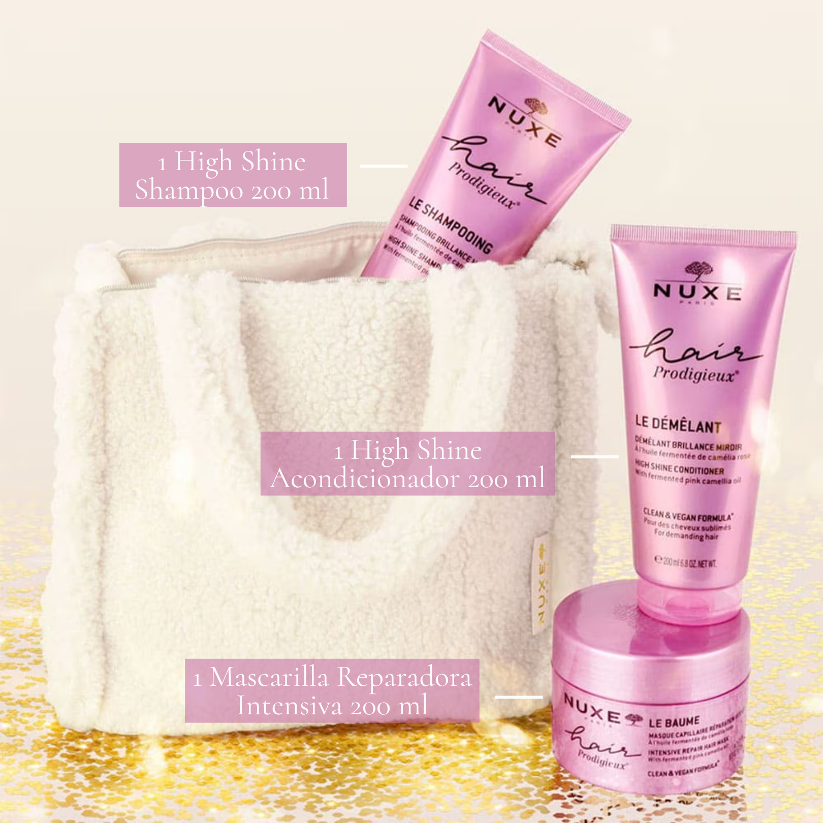 Nuxe Hair Prodigieux KIT - Bolsa + Ritual Capilar Completo Brillo y Nutrición Intensiva