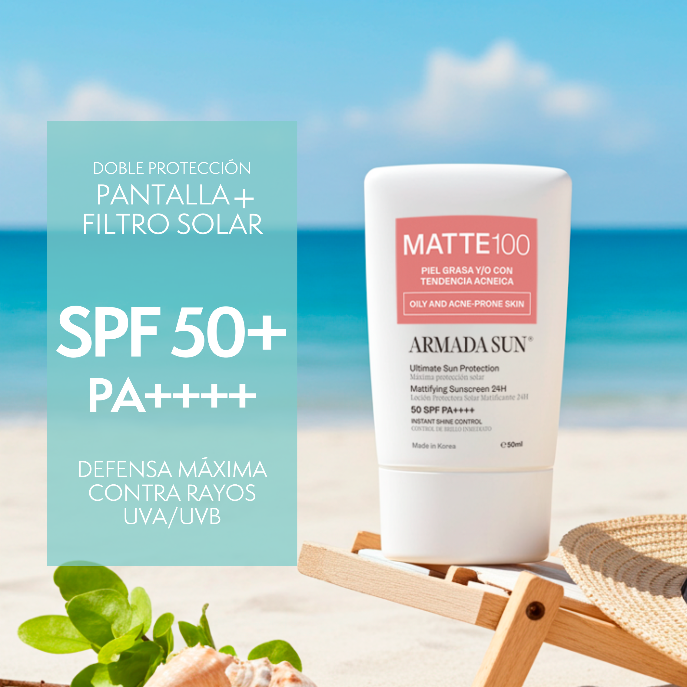 Armada Sun Protector Solar Facial Matte 100 SPF 50+ Control Acné y Grasa 24h, Tecnología Coreana - 50 ml