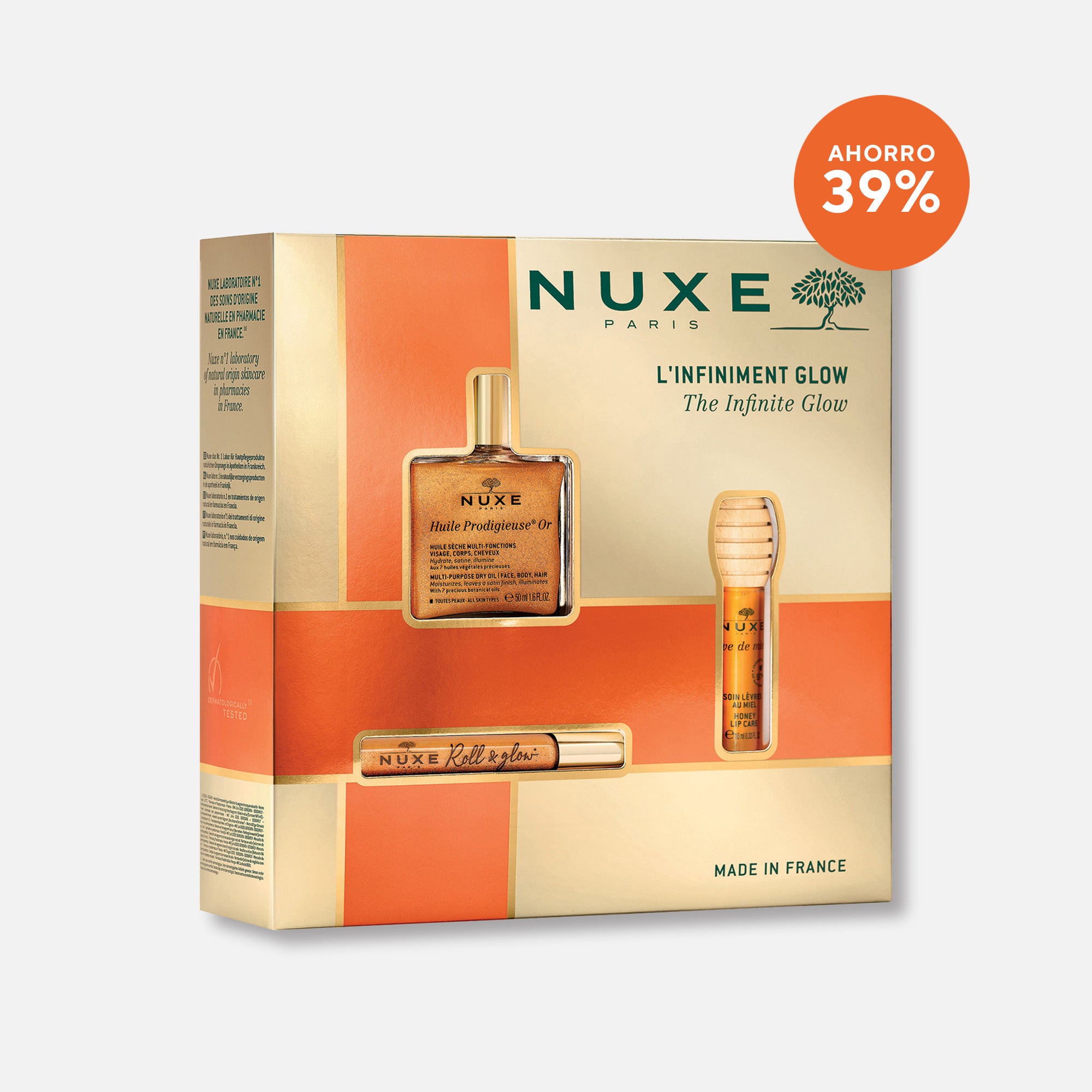 Nuxe Coffret Glow Piel y Labios - Aceite Iluminador Multi-Usos, Roll On Iluminador y Labial de Miel