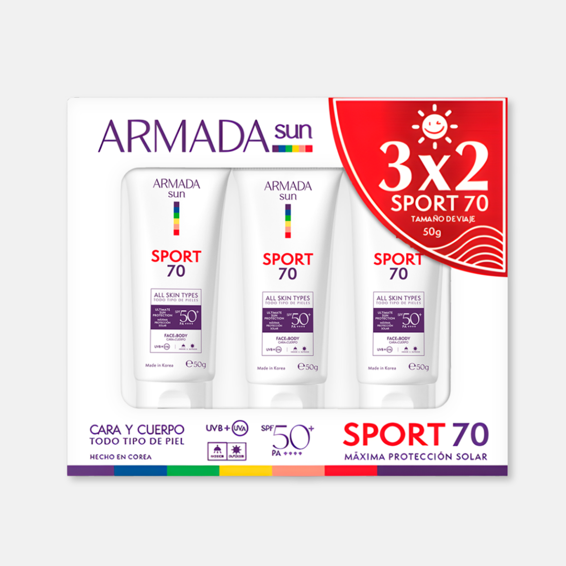 Armada Trio Sport 70: Protector Solar SPF 50+ Invisible, Agua y Sudor Resistente - 3 Piezas de 50g