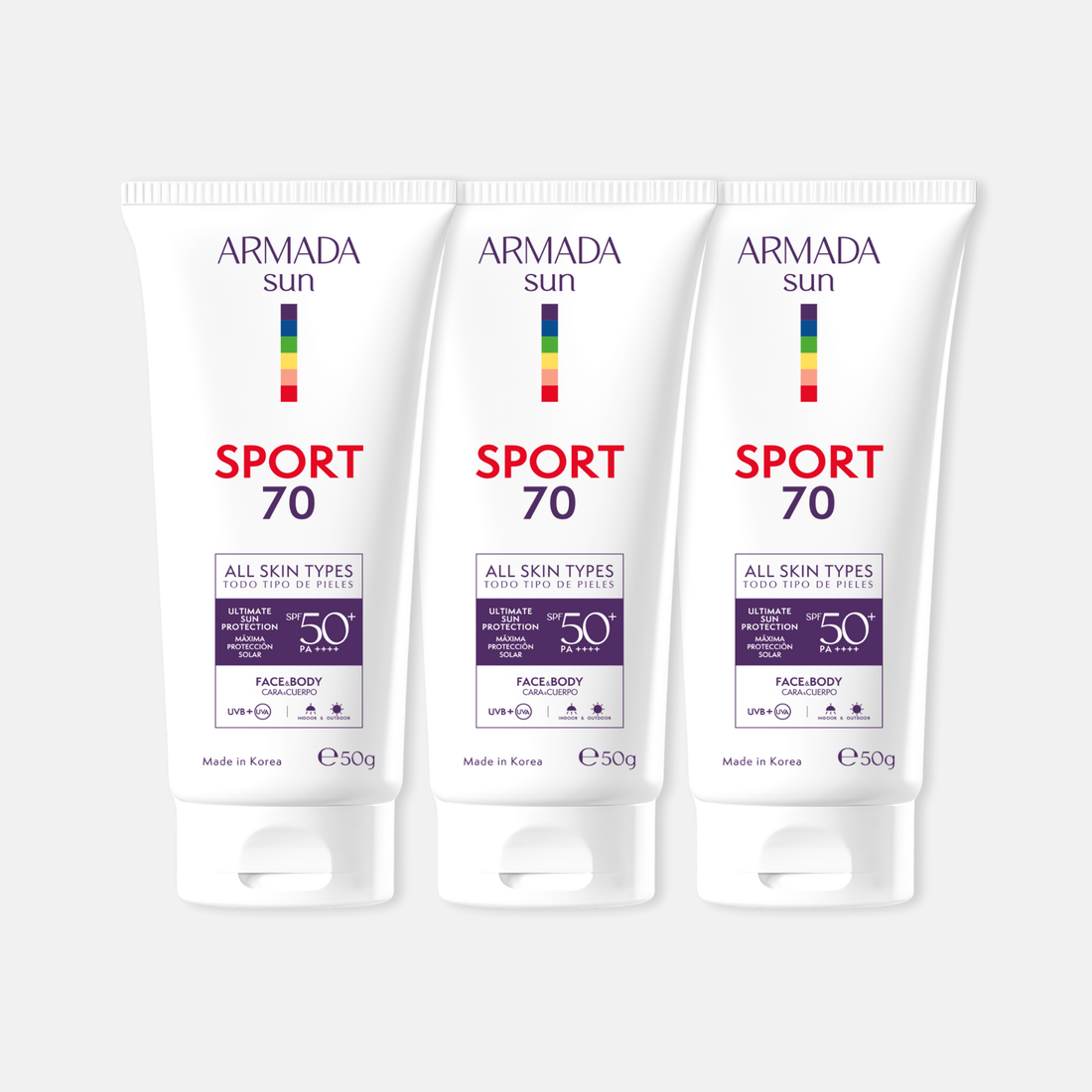 Armada Trio Sport 70: Protector Solar SPF 50+ Invisible, Agua y Sudor Resistente - 3 Piezas de 50g