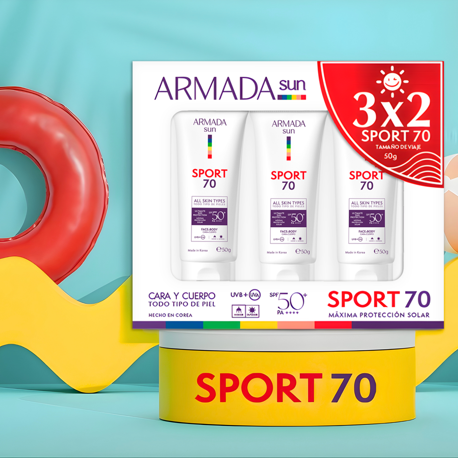 Armada Trio Sport 70: Protector Solar SPF 50+ Invisible, Agua y Sudor Resistente - 3 Piezas de 50g