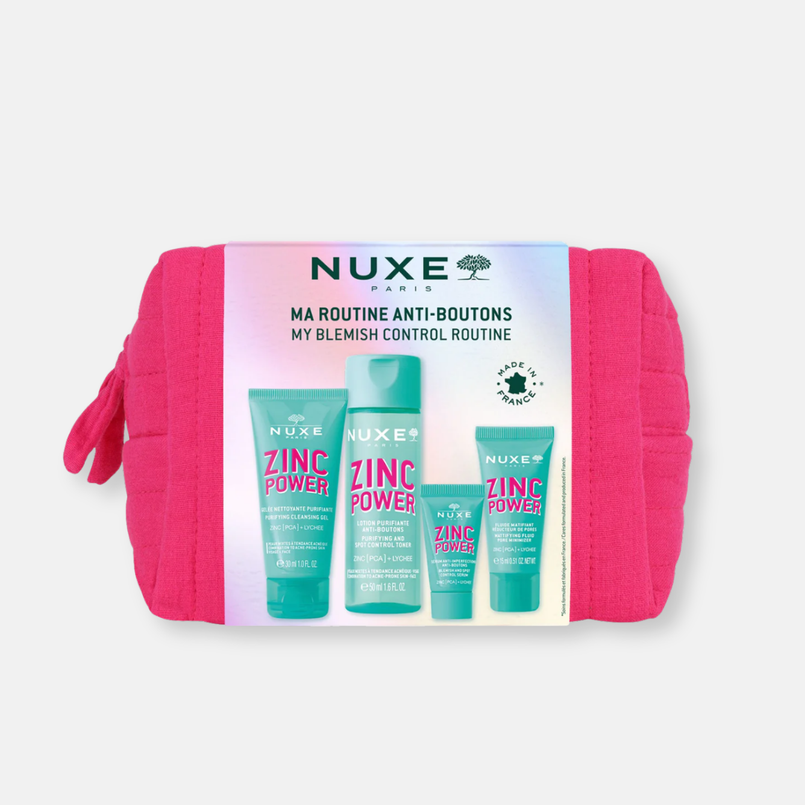 Nuxe Zinc Power Travel KIT - Cosmetiquera + Rutina Control Imperfecciones, Purificante y Matificante