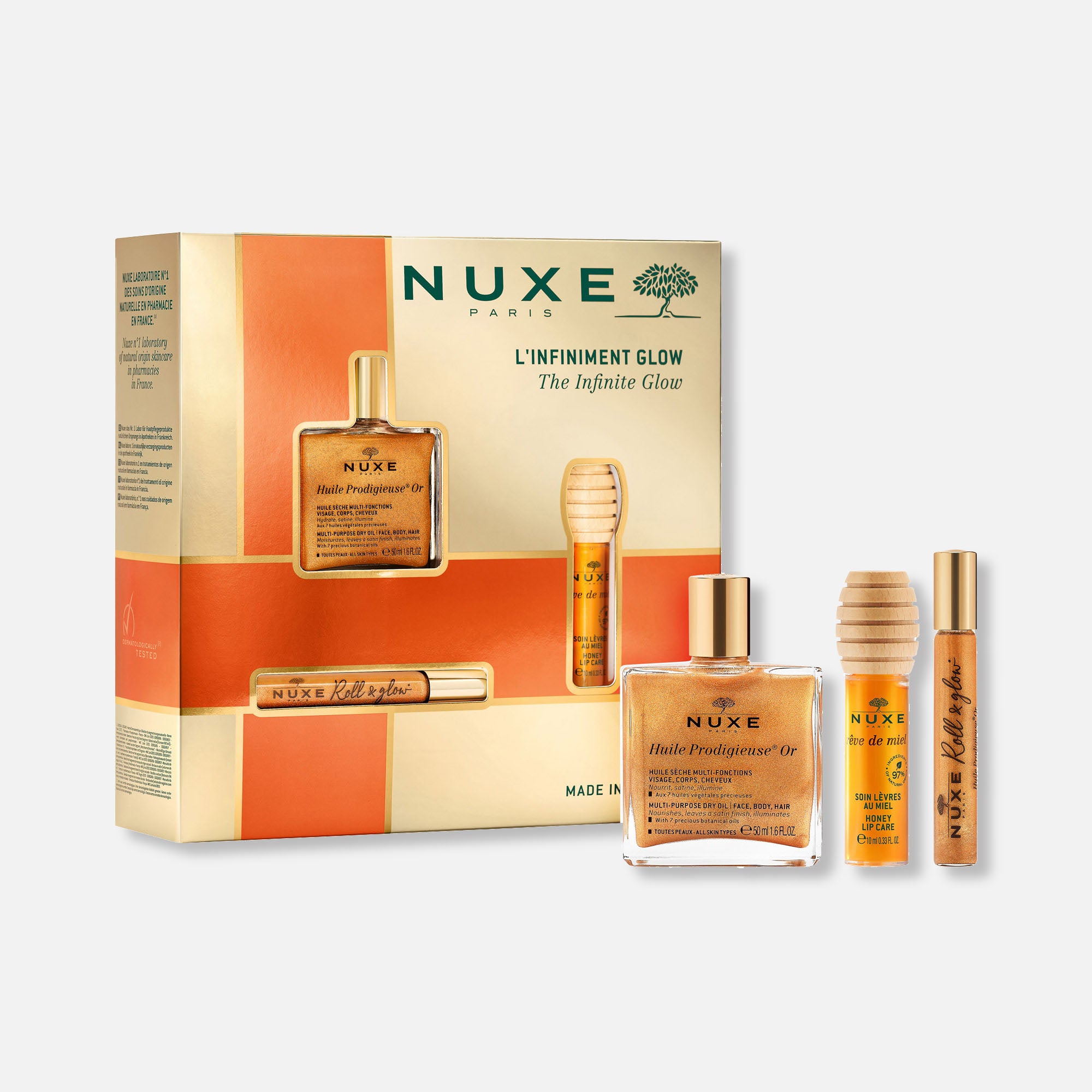 Nuxe Coffret Glow Piel y Labios - Aceite Iluminador Multi-Usos, Roll On Iluminador y Labial de Miel