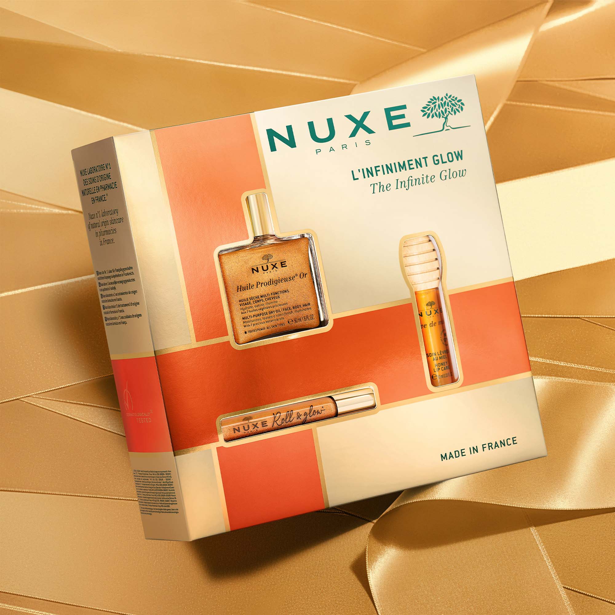 Nuxe Coffret Glow Piel y Labios - Aceite Iluminador Multi-Usos, Roll On Iluminador y Labial de Miel