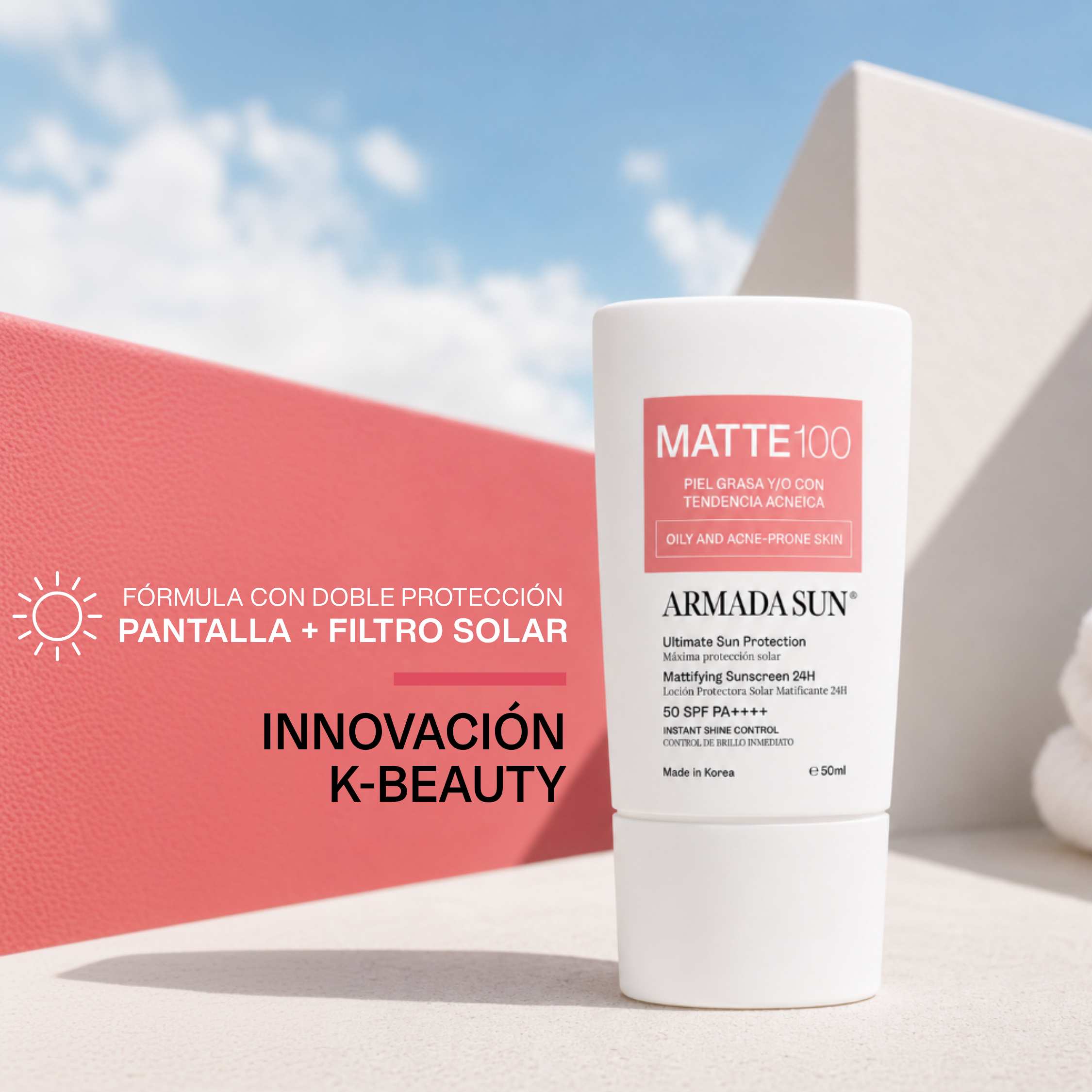 Armada Sun Protector Solar Facial Matte 100 SPF 50+ Control Acné y Grasa 24h, Tecnología Coreana - 50 ml