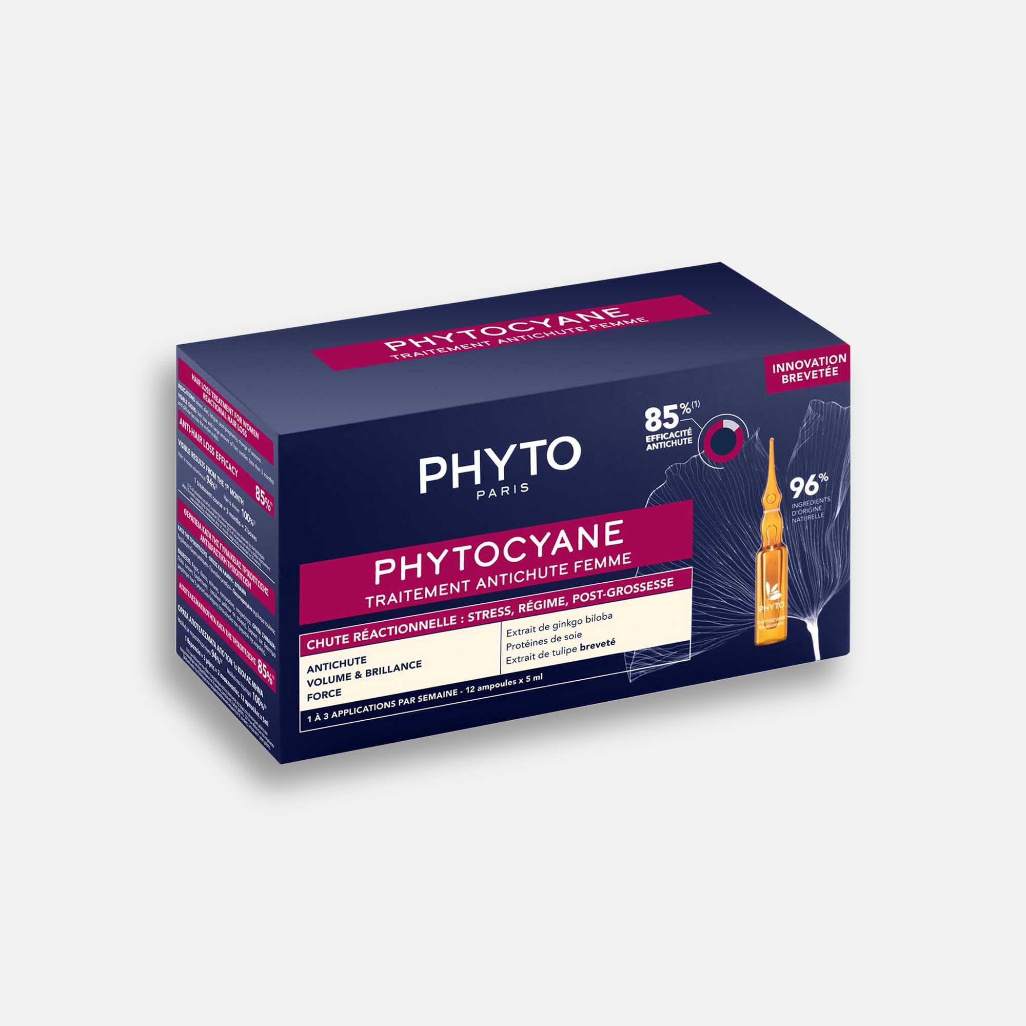 Phyto Phytocyane Mujer Ampolletas 12x5ml - Anti-Caída Reaccional, Crecimiento, Volumen, Brillo