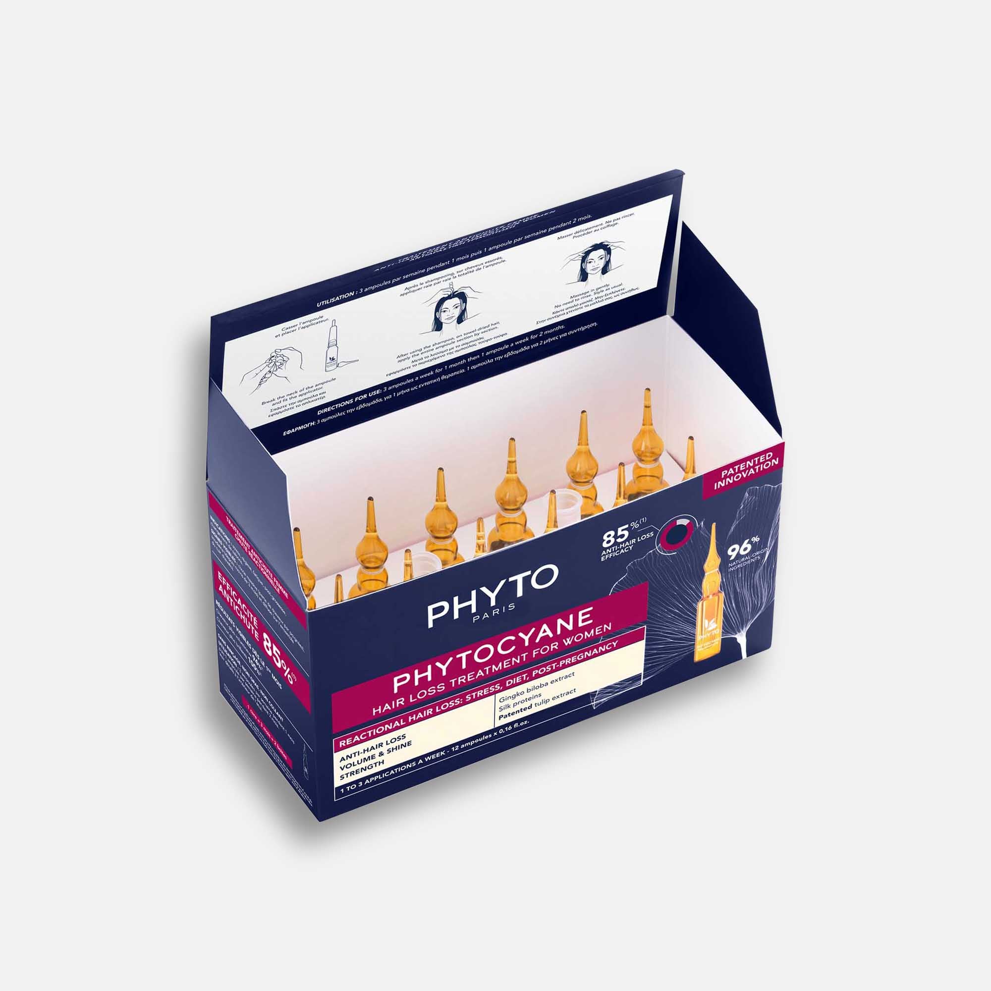 Phyto Phytocyane Mujer Ampolletas 12x5ml - Anti-Caída Reaccional, Crecimiento, Volumen, Brillo