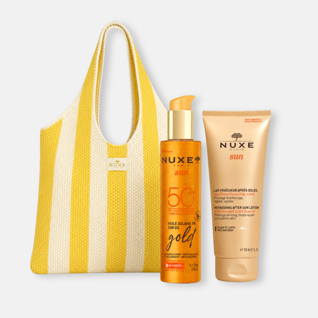 Nuxe KIT Sun Protección Solar Gold SPF 50 + Loción After Sun Refrescante - Incluye  Summer Bag