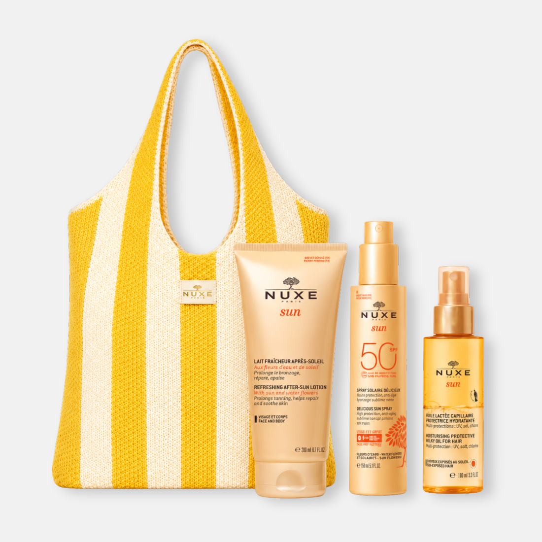 Nuxe KIT Sun Protección Solar SPF 50 para Piel y Cabello + Loción After Sun - Incluye  Summer Bag