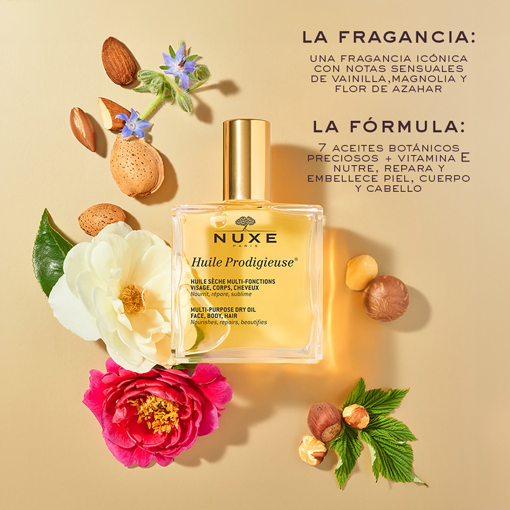 Nuxe Huile Prodigieuse 50ml - Aceite Multi-Usos, Nutre, Repara, Ilumina Rostro, Cuerpo y Cabello