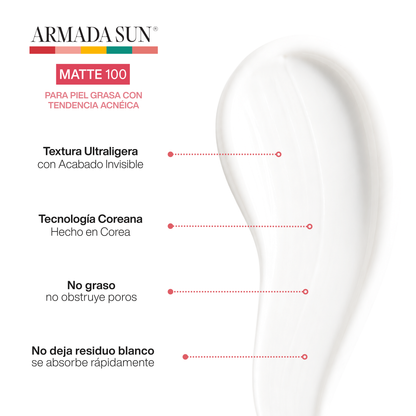 Armada Sun Protector Solar Facial Matte 100 SPF 50+ Control Acné y Grasa 24h, Tecnología Coreana - 50 ml