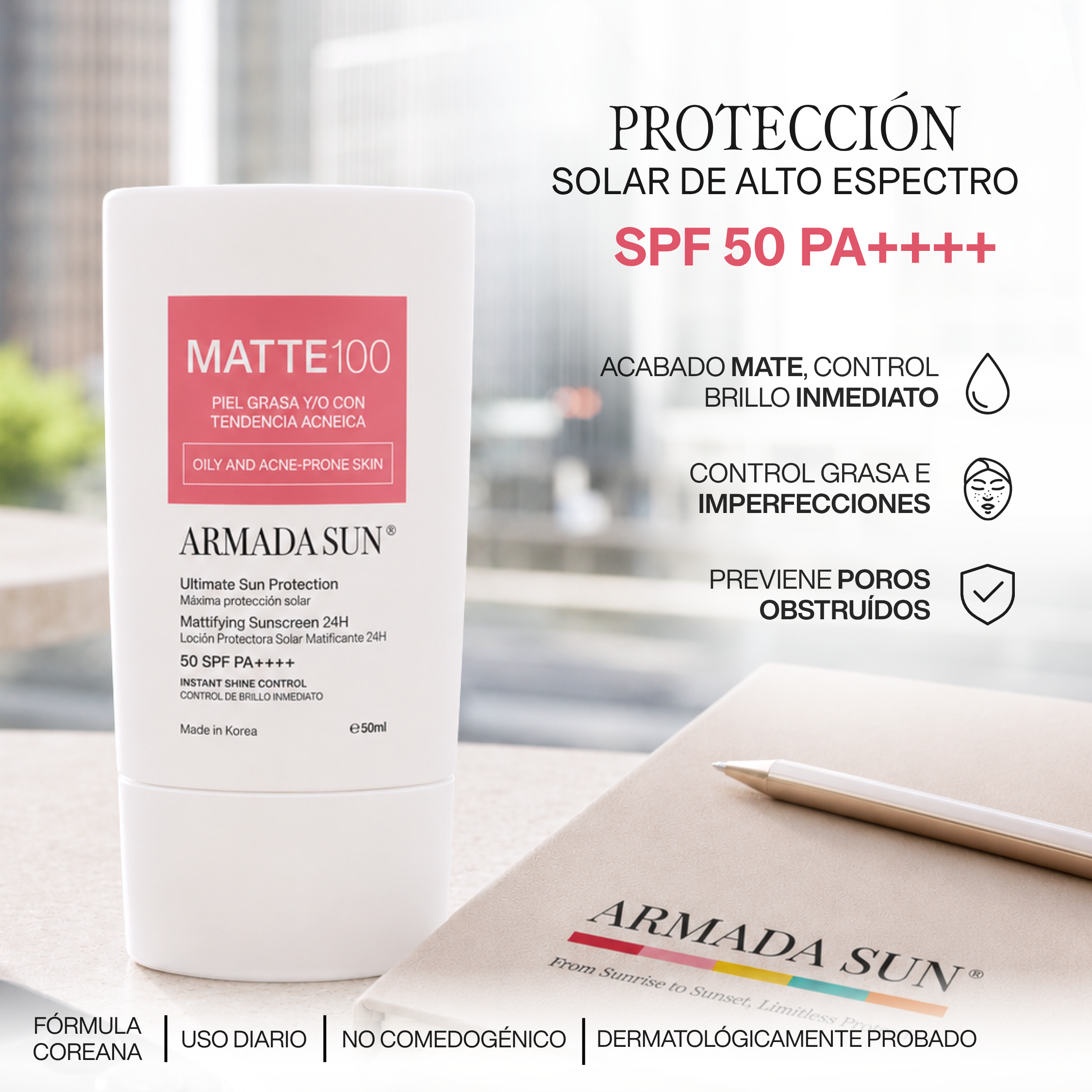 Armada Sun Protector Solar Facial Matte 100 SPF 50+ Control Acné y Grasa 24h, Tecnología Coreana - 50 ml