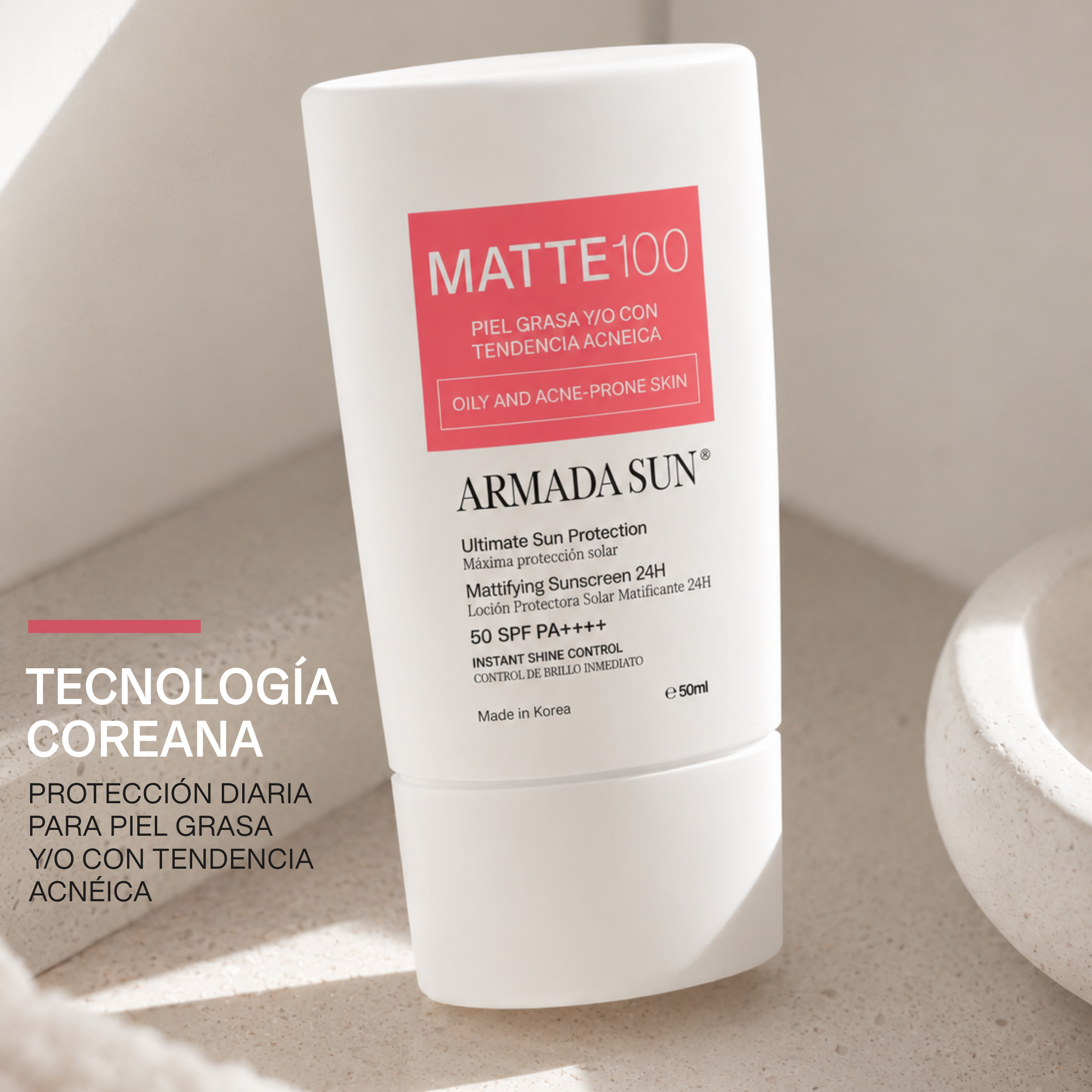 Armada Sun Protector Solar Facial Matte 100 SPF 50+ Control Acné y Grasa 24h, Tecnología Coreana - 50 ml