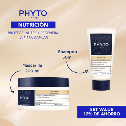 Phyto Set Nutrición: Mascarilla 200 ml + Shampoo 50 ml - Rutina Completa para Cabello Seco