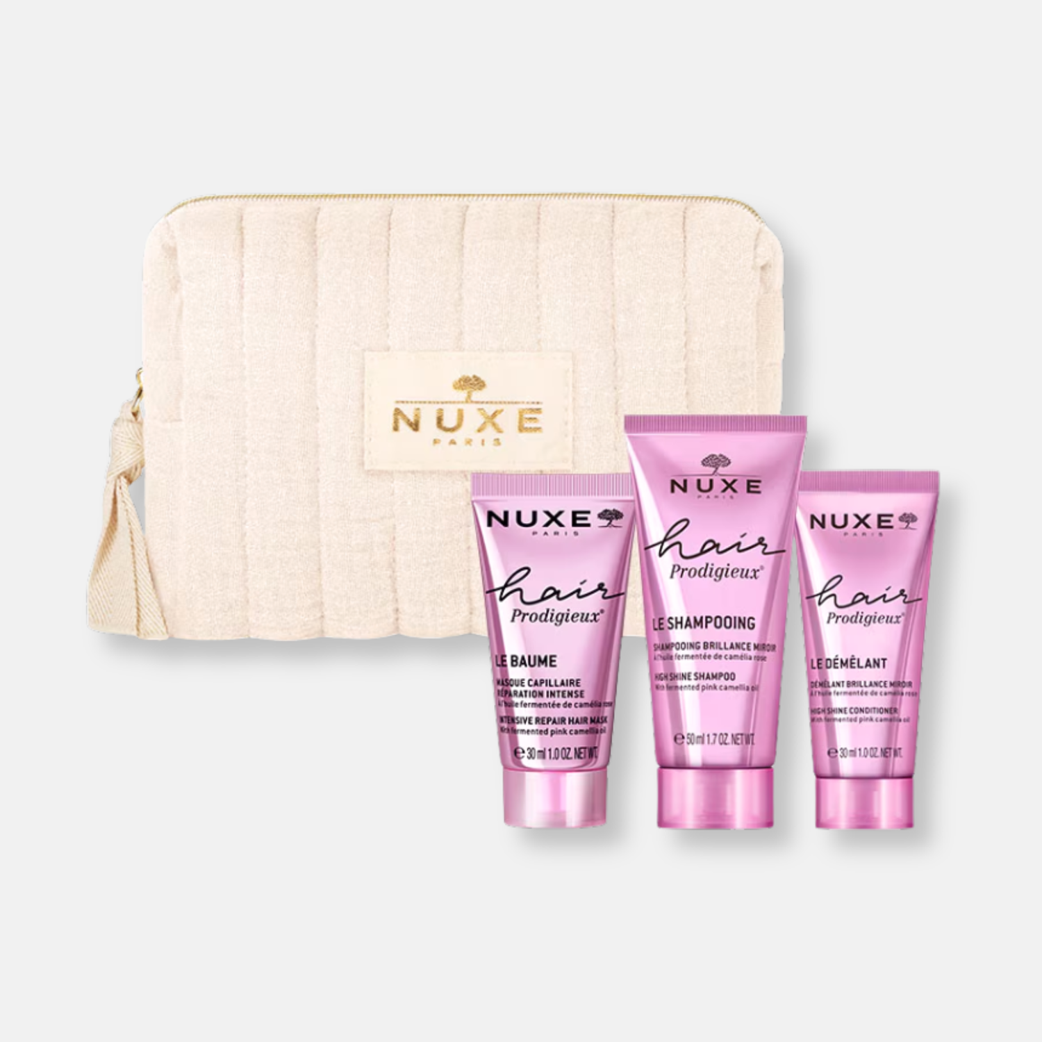 Nuxe Hair Prodigieux Travel KIT - Neceser + Rutina Capilar Excepcional Brillo y Nutrición Intensiva